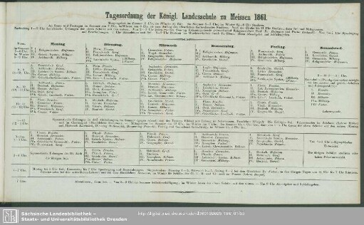 Tagesordnung der Königl. Landesschule zu Meissen 1861