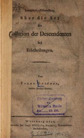 Inaugural-Abhandlung über die Art der Collation der Descendenten bey Erbtheilungen