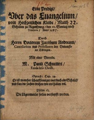 Eine Predigt uber das Evangelium vom Hochzeitlichen Kleide, Matth. 22