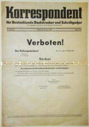Sonderdruck der Zeitung "Korrespondent" mit der Verkündung ihres Verbots