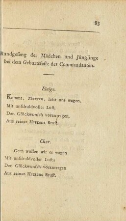 Rundgesang der Mädchen und Jünglinge bei dem Geburtsfeste des Commandanten.