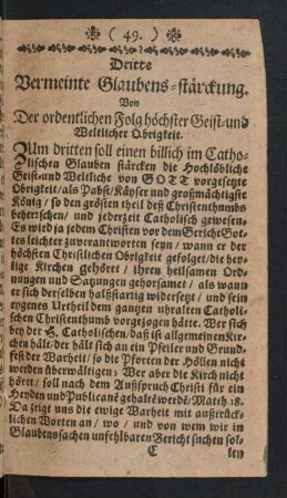Dritte Vermeinte Glaubens-stärckung. Von Der ordentlichen Folg höchster Geist- und Weltlicher Obrigkeit.