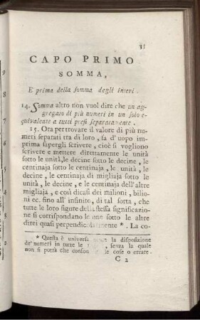 Capo Primo Somma, e prima della somma degli interi.