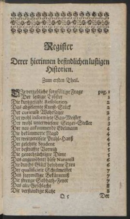 Register Derer hierinnen befindlichen lustigen Historien