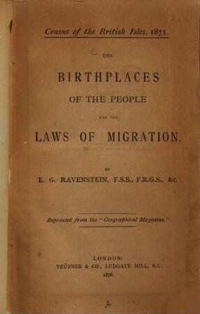Census of the British Isles, 1871 : the birthplaces of the people and the laws of migration