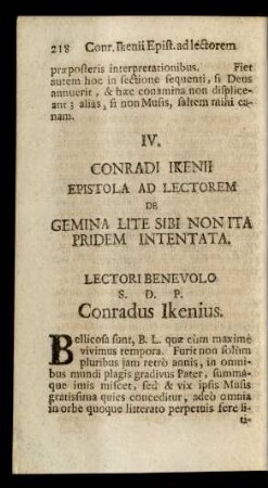 IV. Conradi Ikenii Epistola Ad Lectorem De Gemina Lite Sibi Non Ita Pridem Intentata.