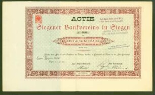 Siegener Bankverein, 1.000 Mark; Aktien Nr. 695, 694, 690, 686; Siegen, den 1. Juli 1889