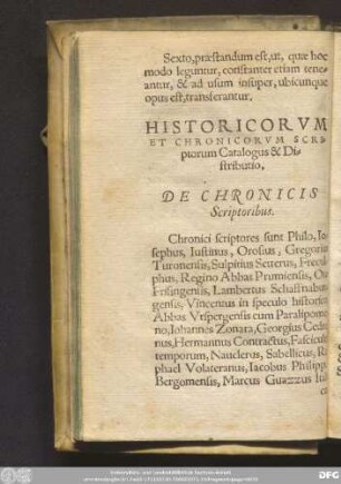Historicorum Et Chronicorum Scriptorum Catalogus & Distributio.