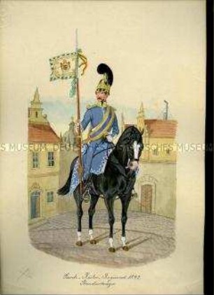 Uniformdarstellung, Standartenträger des Garde-Reiter-Regiments zu Pferd, Sachsen, 1848