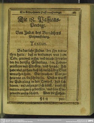 Die 18. Passions-Predigt. Von Judae des Verräthers Verzweiffelung