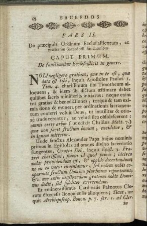 Caput primum. De functionibus Ecclesiasticis in genere. - Caput sextum. De publica divinorum Officiorum celebratione.