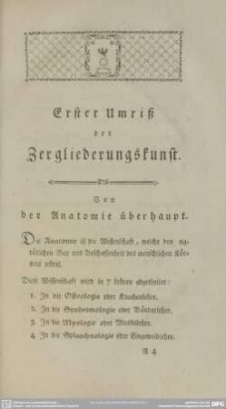 Erster Umriß der Zergliederungskunst