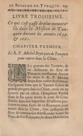 Livre troisième. Ce qui s'est passé de plus memorable dans la Mißion de Tunquin durant les années 1659 & 1660