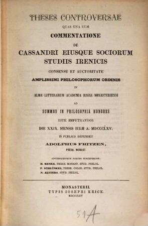 De Cassandri eiusque sociorum studiis irenicis : commentatio historica