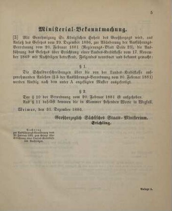 3. Ministerial-Bekanntmachung, den Nachtrag zur Ausführungs-Verordnung vom 20. Februar 1881 zum Gesetze über Errichtung einer Landes-Kreditkasse mit Nachträgen betreffend