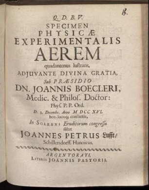 Specimen Physicae Experimentalis Aerem