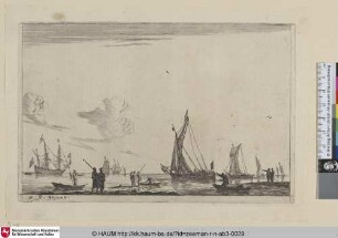 [Binnengewässer mit zwei Galioten rechts und einem bewaffneten Handelsschiff (Hilfskreuzer) im linken Hintergrund; Inland Waterway with Two Galliots at the right, in left Background a Merchantman]