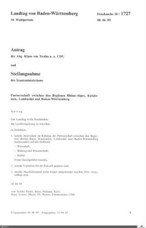 Antrag der CDU: Partnerschaft zu Regionen Rhône-Alpes, Katalonien, Lombardei