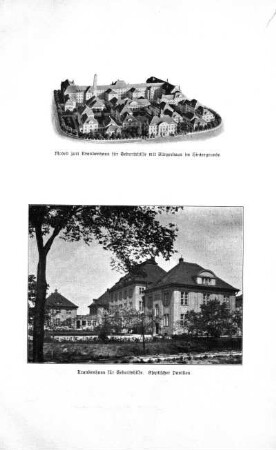 Modell zum Krankenhaus für Geburtshilfe mit Bürgerhaus im Hintergrunde ; Abbildung: Krankenhaus für Geburtshilfe. Aseptischer Pavillon
