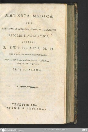 Materia medica seu Cognitionis Medicamentorum simplicum Epicrisis analytica