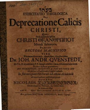 Exercitatio Theologica De Deprecatione Calicis Christi