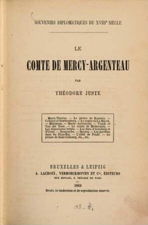 Le comte de Mercy-Argenteau : Souvenirs diplomatiques du XVIIIe, siècle