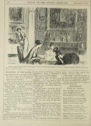 Ethel (in apprehensive whisper which easily reaches her German governess, to whom she is deeply attached): "Mother, shall we have to kill Fräulein?"