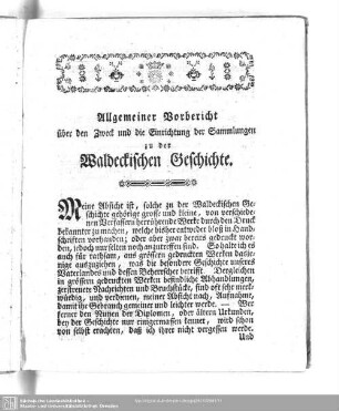Allgemeiner Vorbericht über den Zweck und die Einrichtung der Sammlungen zu der Waldeckischen Geschichte