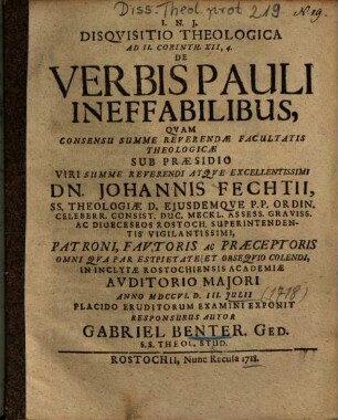 Disqvisitio [Disquisitio] Theologica Ad II. Corinth. XII,4. De Verbis Pauli Ineffabilibus