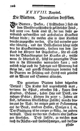 XXXVIII. Kapitel. Die Blattern. Inoculation derselben.