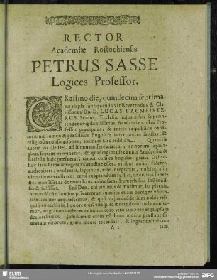 Rector Academiae Rostochiensis Petrus Sasse Logices Professor