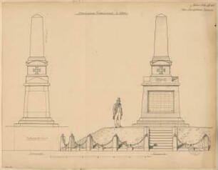 Gefallenendenkmal, Calau Monatskonkurrenz Juni 1877: Aufriss Vorderansicht, Querschnitt; Maßstabsleiste