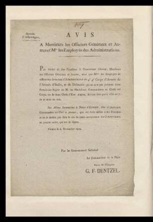 Avis A Messieurs les Officiers Généraux et Autres Mrs les Employés des Administrations.