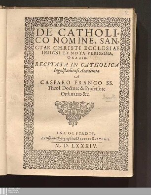 De Catholico Nomine, Sanctae Christi Ecclesiae Insigni Et Nota Verissima, Oratio