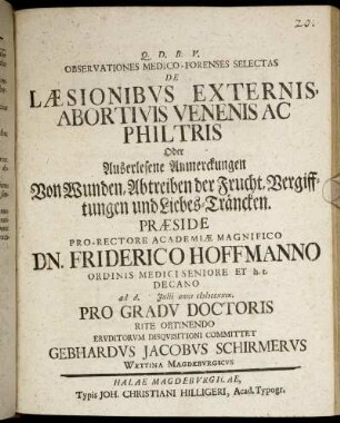 Observationes Medico-Forenses Selectas De Læsionibus Externis, Abortivis Venenis Ac Philtris Oder Auserlesene Anmerckungen Von Wunden, Abtreiben der Frucht, Vergifftungen und Liebes-Träncken