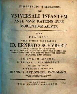Diss. theol. de universali infantum ante usum rationibus suae morientium salute