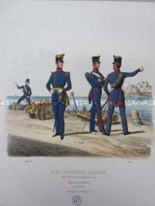 Uniformdarstellung, Offizier, Gemeiner und Unteroffizier der Marine-Artillerie in Parade-Uniform, Österreich, 1840. Tafel aus: Trentsensky: K.K. Oesterreichische Armée nach der neuen Adjustirung.