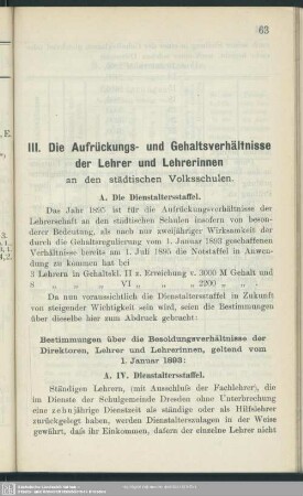 III. Die Aufrückungs- und Gehaltsverhältnisse der Lehrer und Lehrerinnen an den städtischen Volksschulen