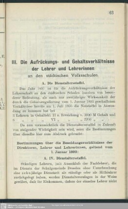 III. Die Aufrückungs- und Gehaltsverhältnisse der Lehrer und Lehrerinnen an den städtischen Volksschulen