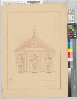 Entwurf einer Kirche. Z.T. kolorierte Probezeichnungen des Zimmerers Cornel Bücken aus Haaren. Ansichten