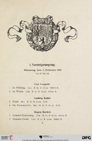 1. Versteigerungstag: Dienstag, den 9. Februar 1904 von 11 Uhr ab. (Nr. 1-100a)