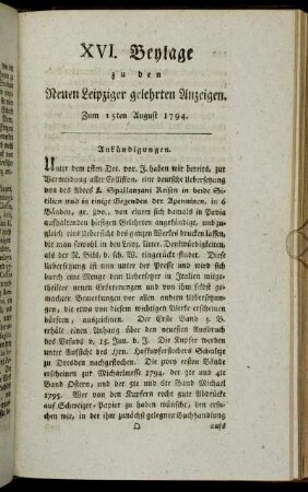 XVI. Beylage zu den Neuen Leipziger gelehrten Anzeigen. Zum 15ten August 1794.