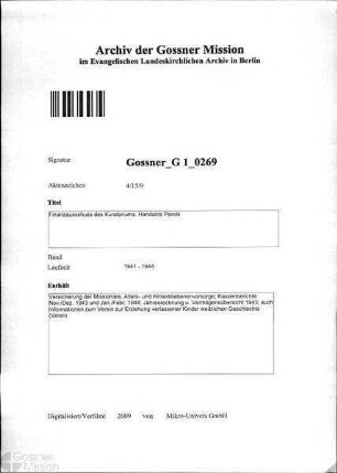 Finanzausschuss des Kuratoriums. Handakte Perels