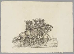 Burgundische Schalmeienbläser zu Pferde, Blatt 78 aus: Marx Treitzsaurwein, "Kaiser Maximilian I Triumph – le triomphe de l’Empereur Maximilien I en une suite de Cent trent cinq planches gravées en bois d’après les dessins de Hans Burgmair", Wien 1796