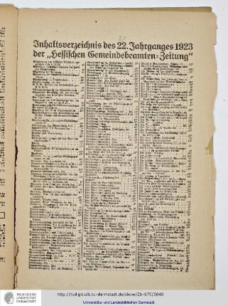 Inhaltsverzeichnis des 21. Jahrganges 1923 der Hessischen Gemeindebeamten-Zeitung
