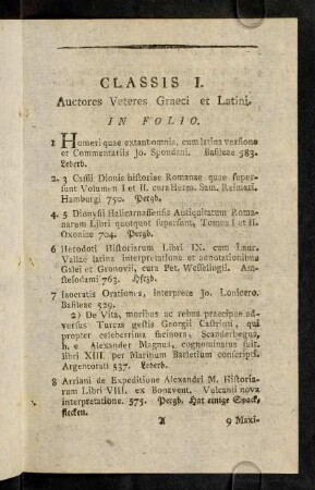 1-34, Classis I. Auctores Veteres Graeci et Latini.