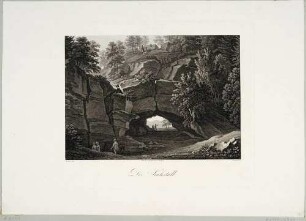 Das Felsentor Kuhstall auf dem Neuen Wildenstein zwischen Schmilka und dem Kirnitzschtal in der Sächsischen Schweiz von Norden, aus Rittners Dresden mit seinen Prachtgebäuden um 1810