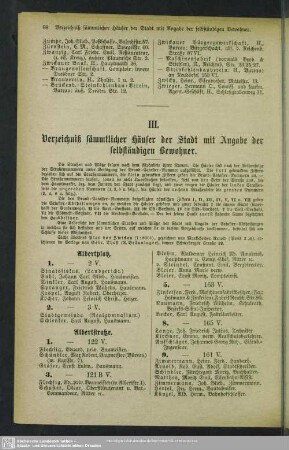 VI. Häuserbuch : VI. Verzeichniß sämmtlicher Häuser der Stadt mit Angabe der selbständigen Bewohner