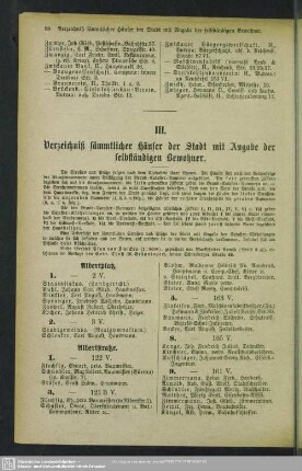 VI. Häuserbuch : VI. Verzeichniß sämmtlicher Häuser der Stadt mit Angabe der selbständigen Bewohner