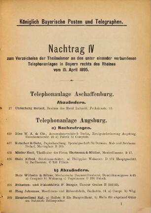 Verzeichnis der Teilnehmer an den Ortstelephonnetzen in Bayern. 1895, Nachtr. 1 - 11